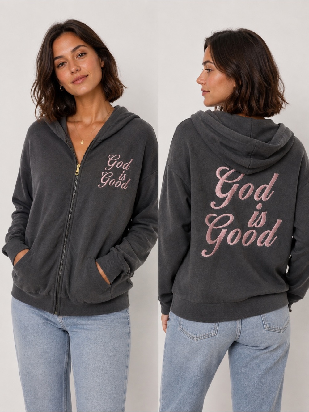 Young & Chic “God Is Good” Embroidered Zip-Up Hoodie – Size M